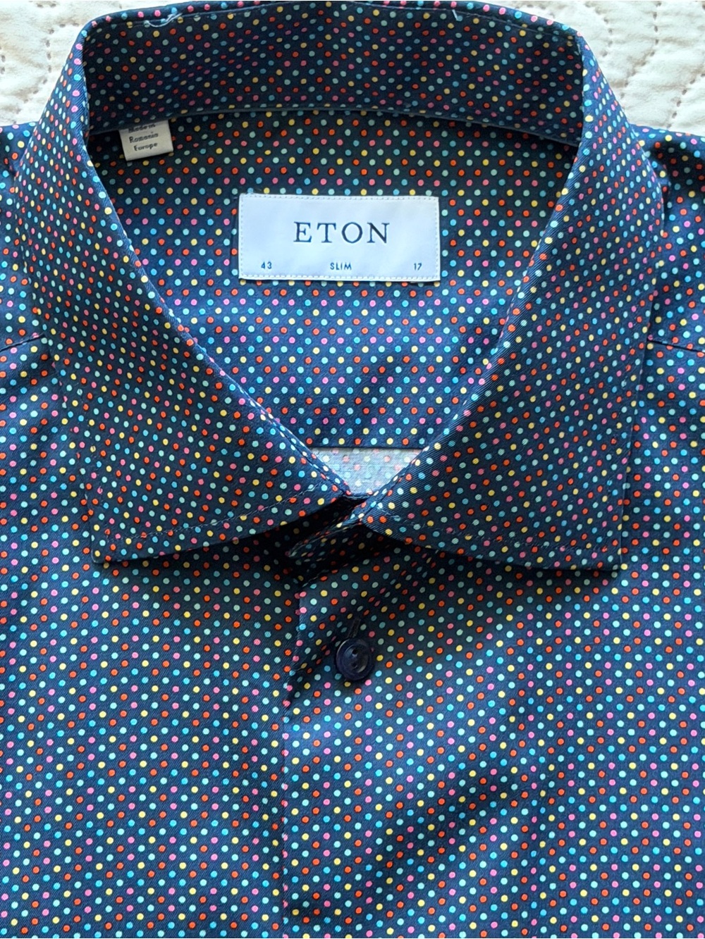 Eton Men’s Slim Fit 43/17 Navy Multicolor Dot Signature Twill Cotton Dress Shirt